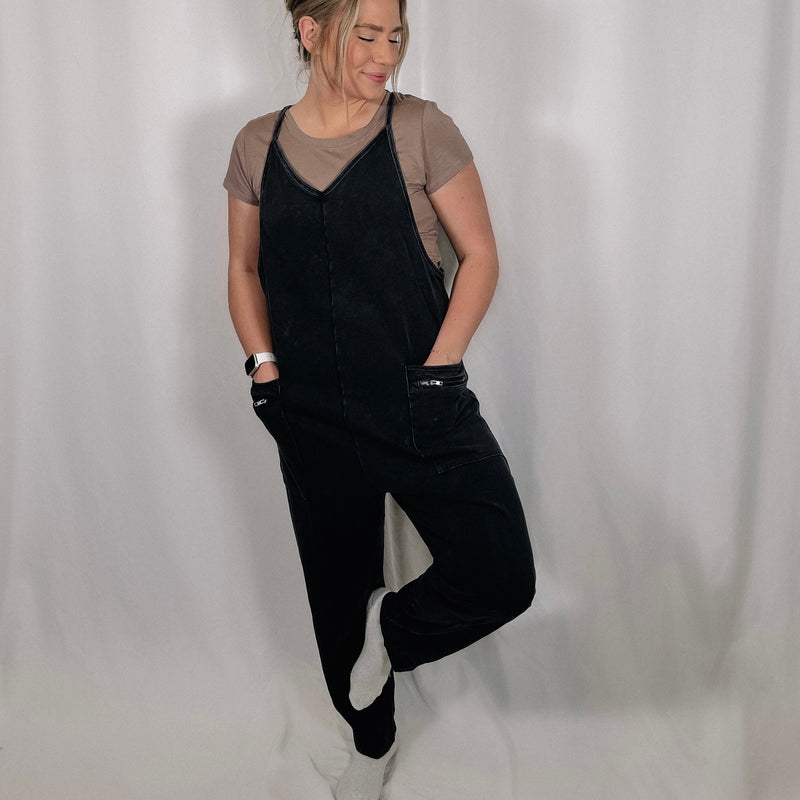 Mineral Washed Harem Jumpsuit - Black