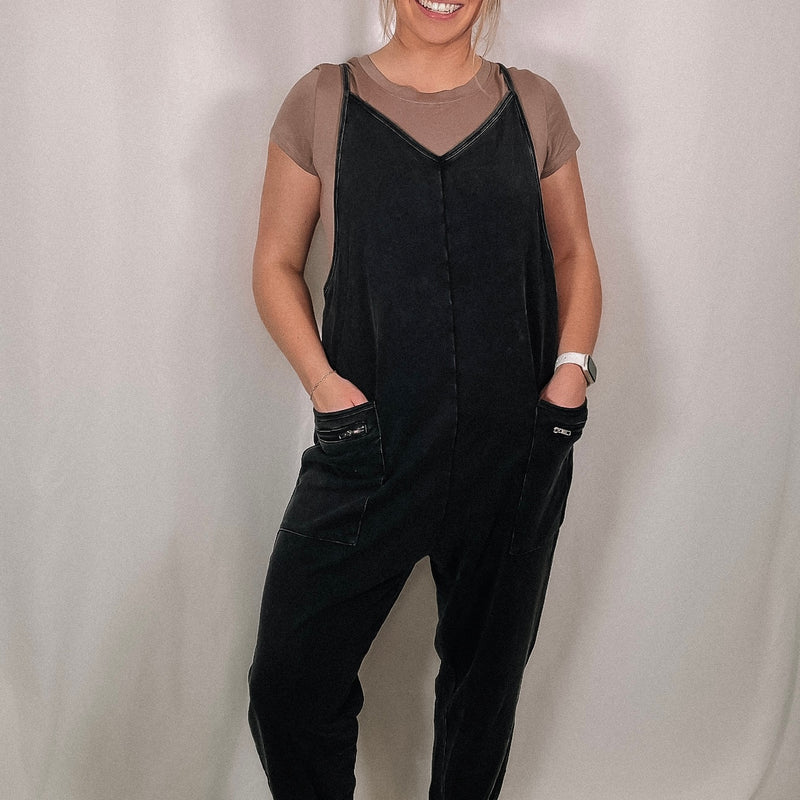 Mineral Washed Harem Jumpsuit - Black
