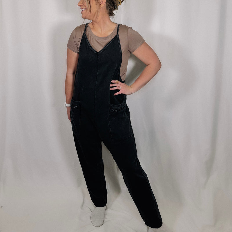 Mineral Washed Harem Jumpsuit - Black