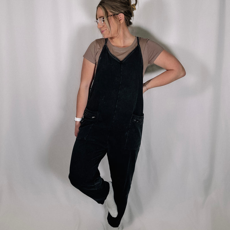 Mineral Washed Harem Jumpsuit - Black
