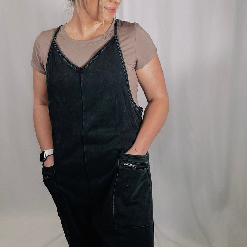 Mineral Washed Harem Jumpsuit - Black