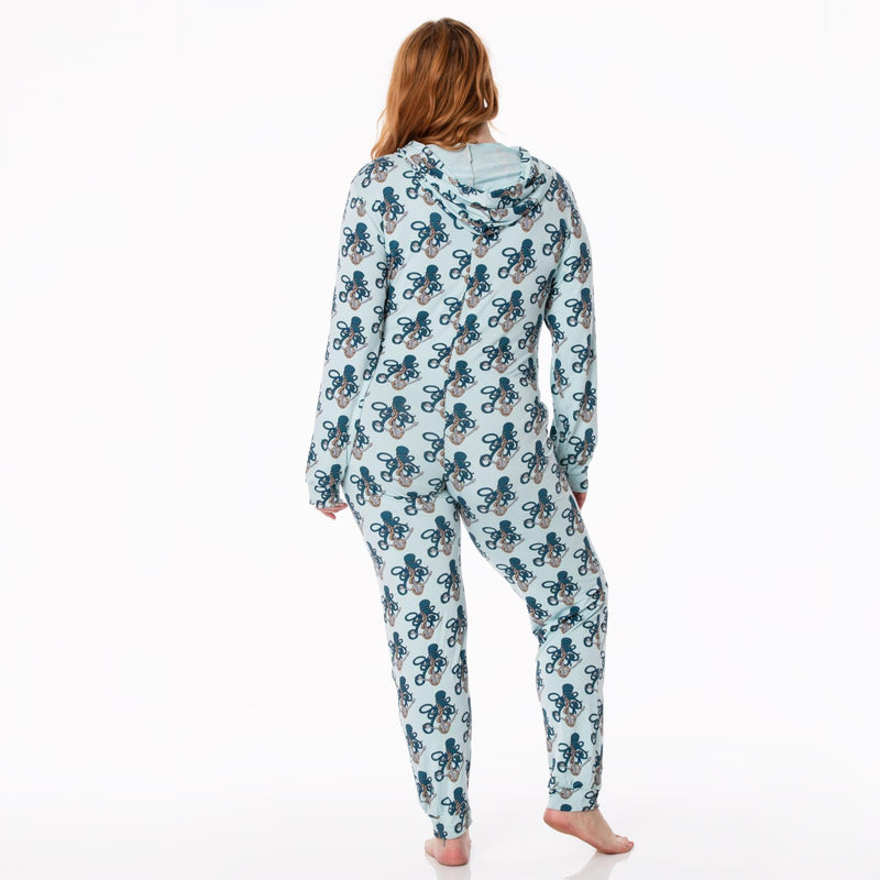 Women's Print Long Sleeve Jumpsuit with Hood in Spring Sky Octopus Anchor