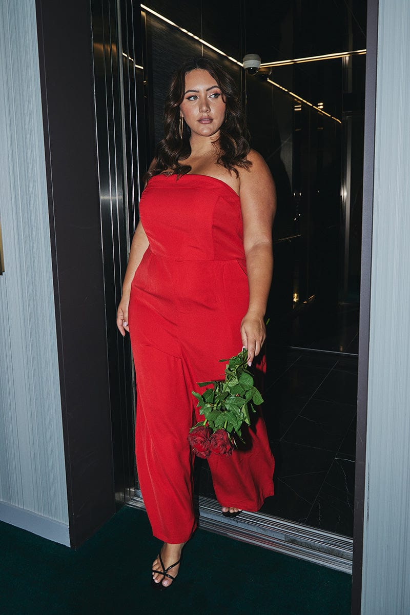 Red Strapless Jumpsuit Detachable Straps Split Leg