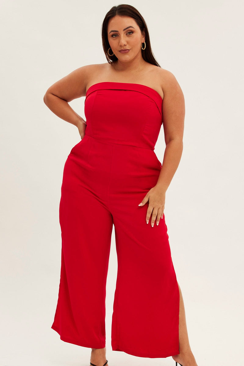 Red Strapless Jumpsuit Detachable Straps Split Leg