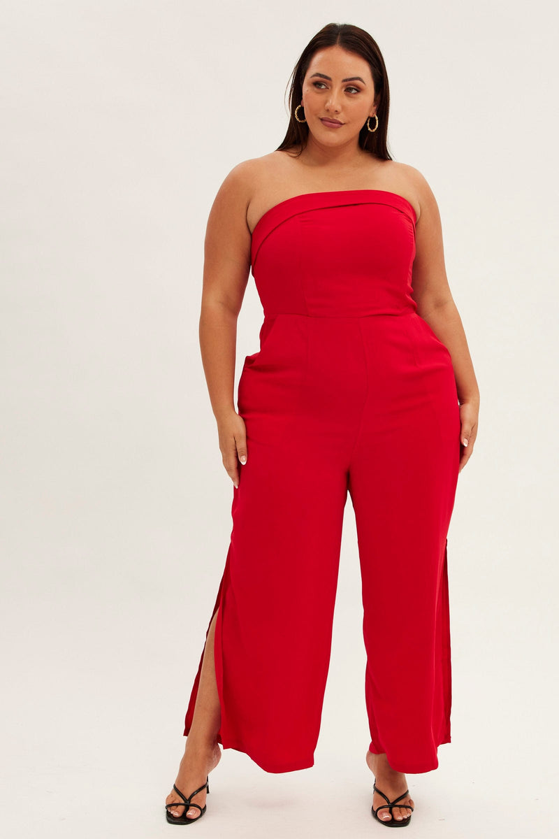 Red Strapless Jumpsuit Detachable Straps Split Leg