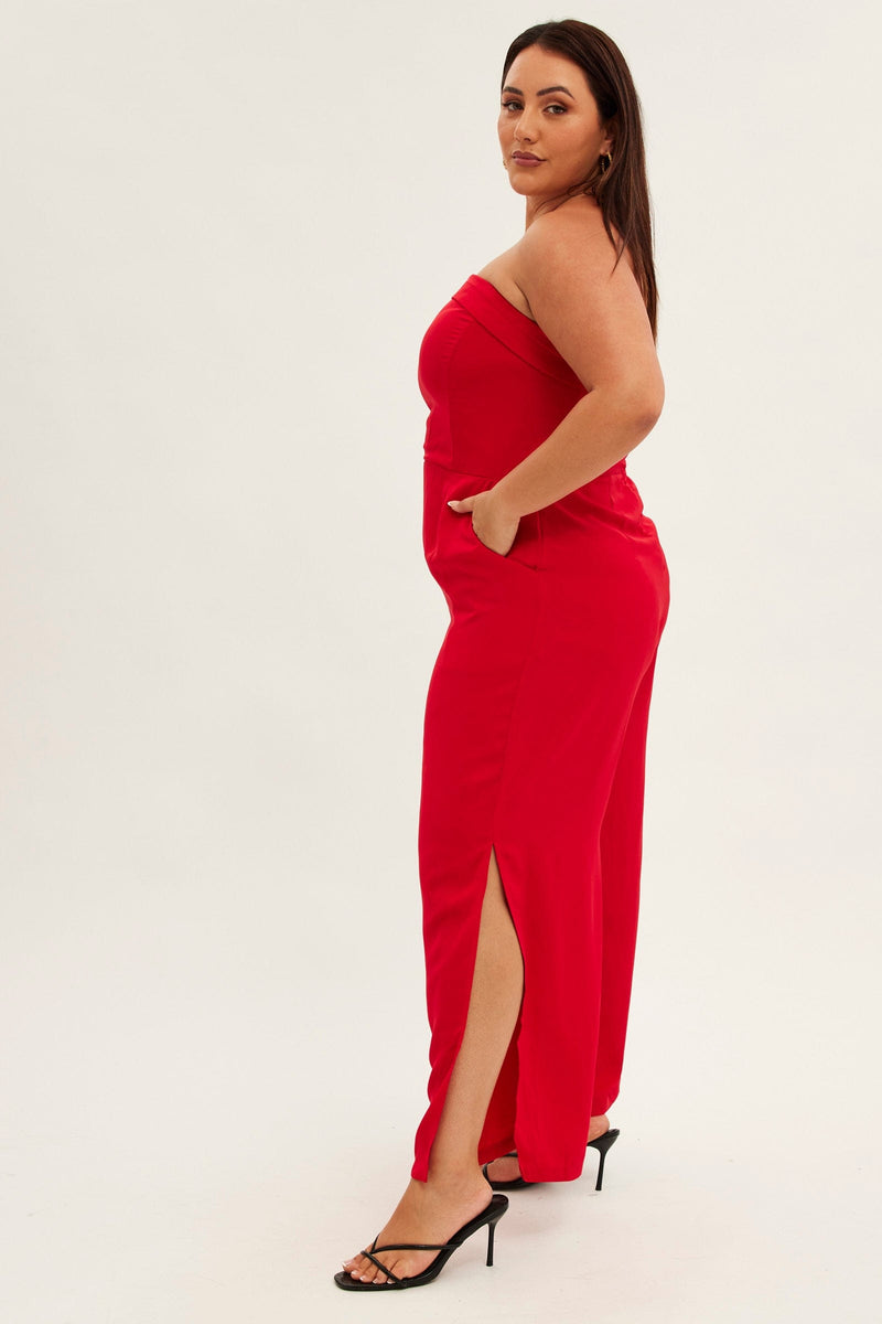 Red Strapless Jumpsuit Detachable Straps Split Leg