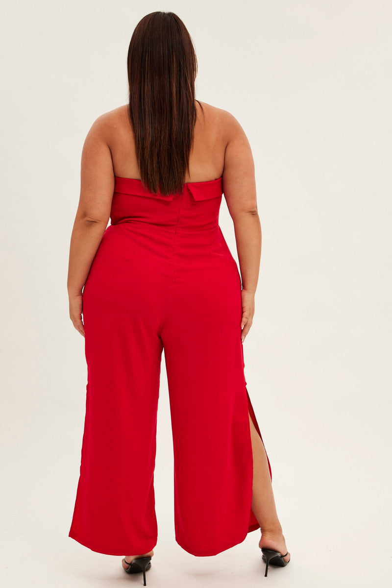 Red Strapless Jumpsuit Detachable Straps Split Leg