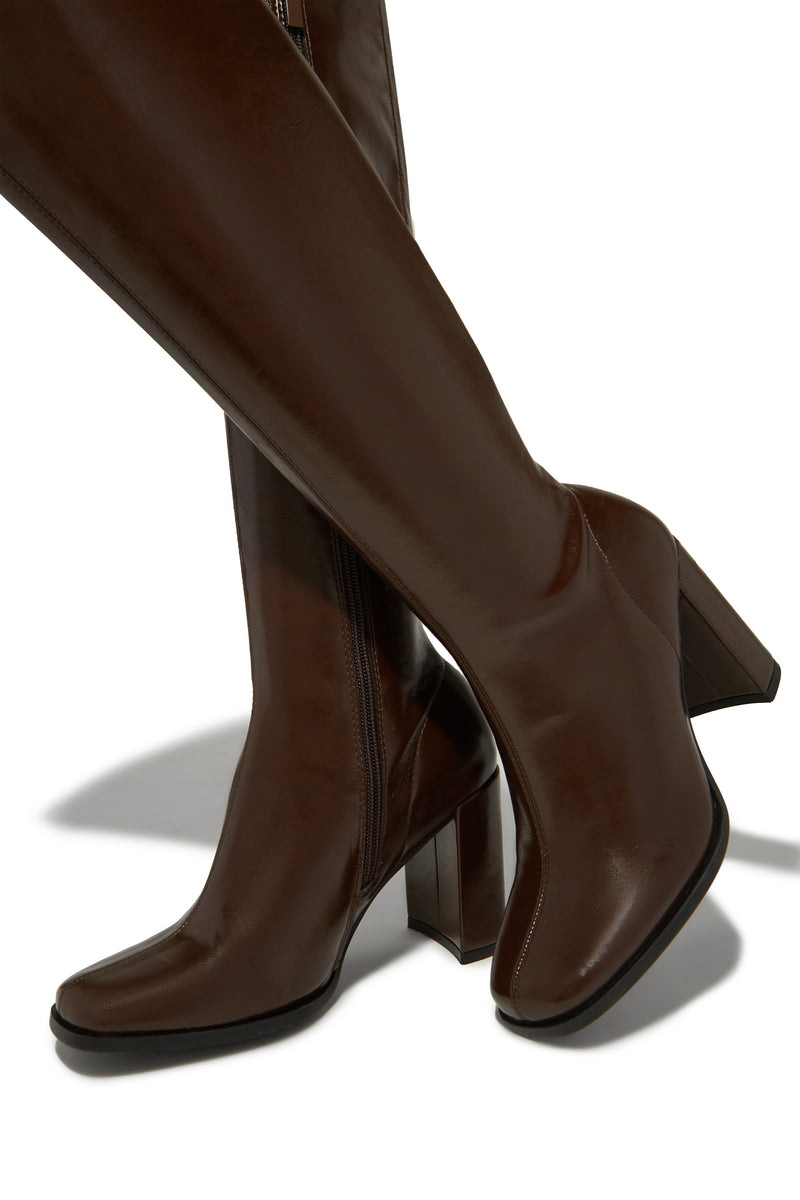 Rylee Block Heel Knee High Boots - Brown