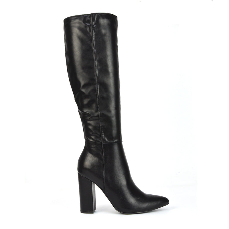 Opal Black Synthetic Leather Statement Knee High Pointed Toe Block Heeled Long Boots