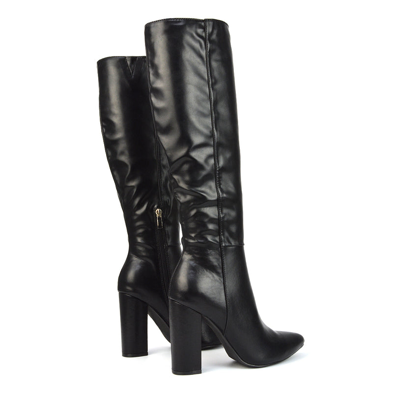Opal Black Synthetic Leather Statement Knee High Pointed Toe Block Heeled Long Boots