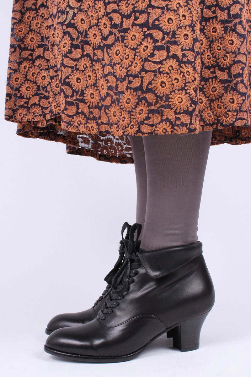 1930s style leather lace-up ankle boot - Black - Betty