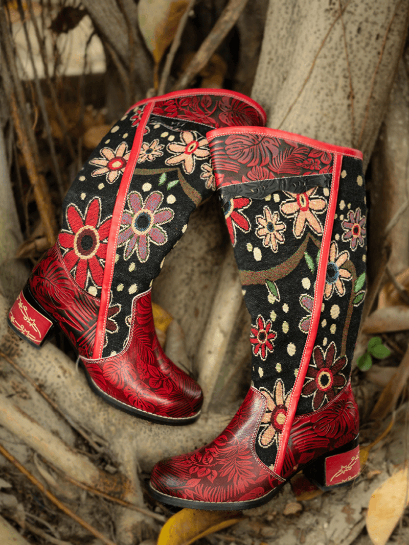 Soffia | Genuine Leather Blossom Tie-Accent Leather Knee Boots