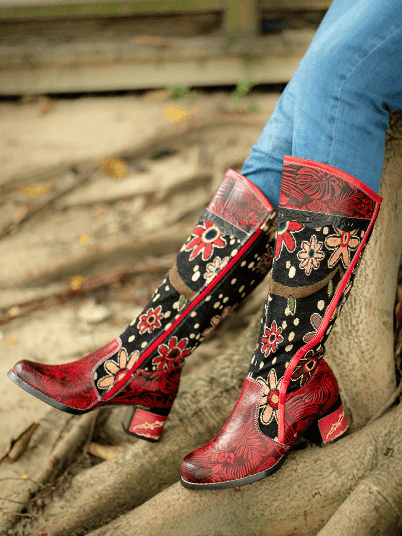 Soffia | Genuine Leather Blossom Tie-Accent Leather Knee Boots