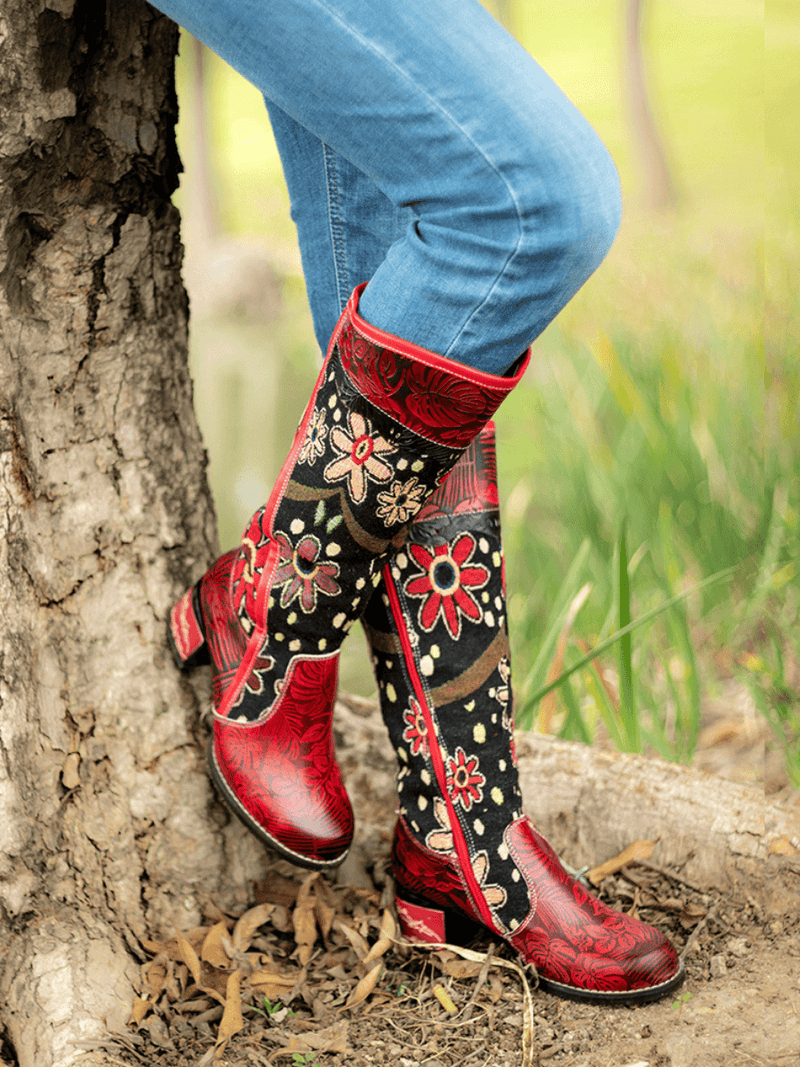 Soffia | Genuine Leather Blossom Tie-Accent Leather Knee Boots