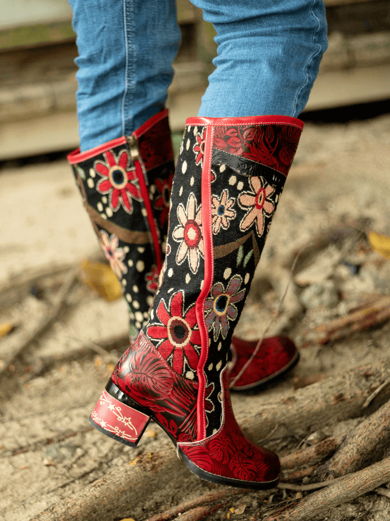 Soffia | Genuine Leather Blossom Tie-Accent Leather Knee Boots
