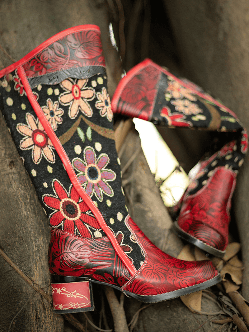 Soffia | Genuine Leather Blossom Tie-Accent Leather Knee Boots