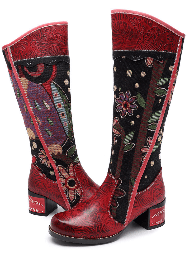 Soffia | Genuine Leather Blossom Tie-Accent Leather Knee Boots