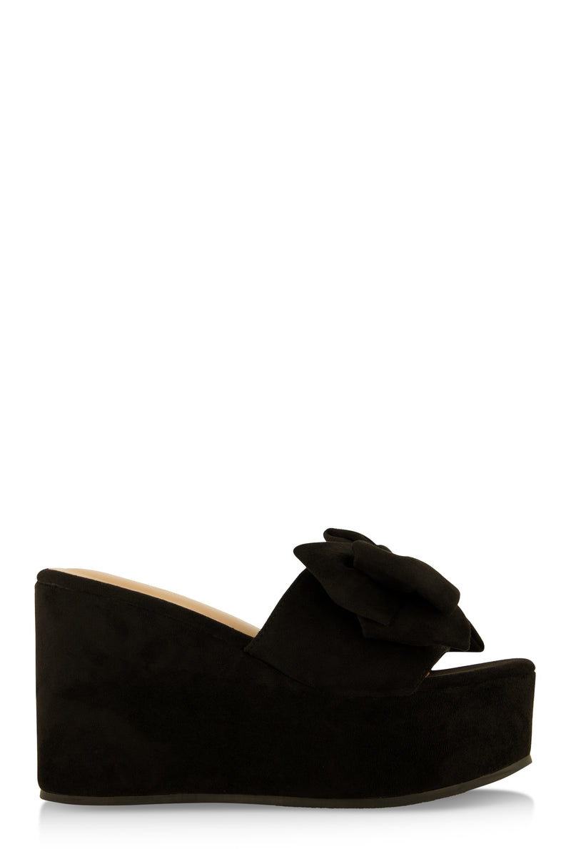 Double Bow Band Wedge Slide Sandals