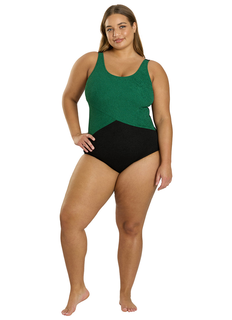 Sporti Plus Size Textured Chlorine Resistance Asymmetric Colorblock One Piece Slimsuit