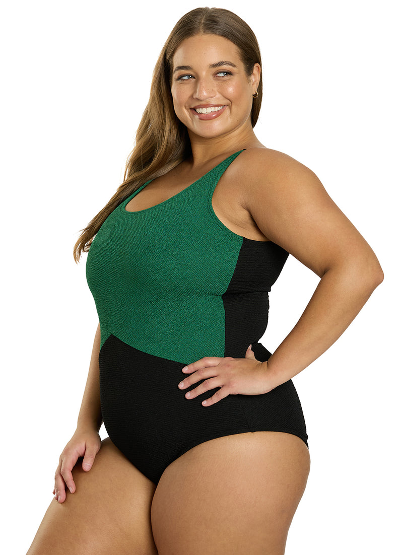 Sporti Plus Size Textured Chlorine Resistance Asymmetric Colorblock One Piece Slimsuit