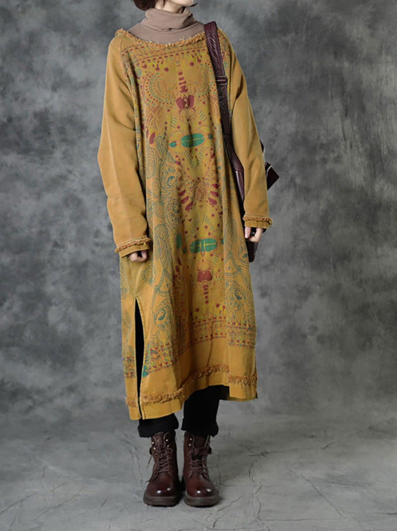 Plus Size Women Autumn Ethnic Print O-Neck Loose Cotton Dress
