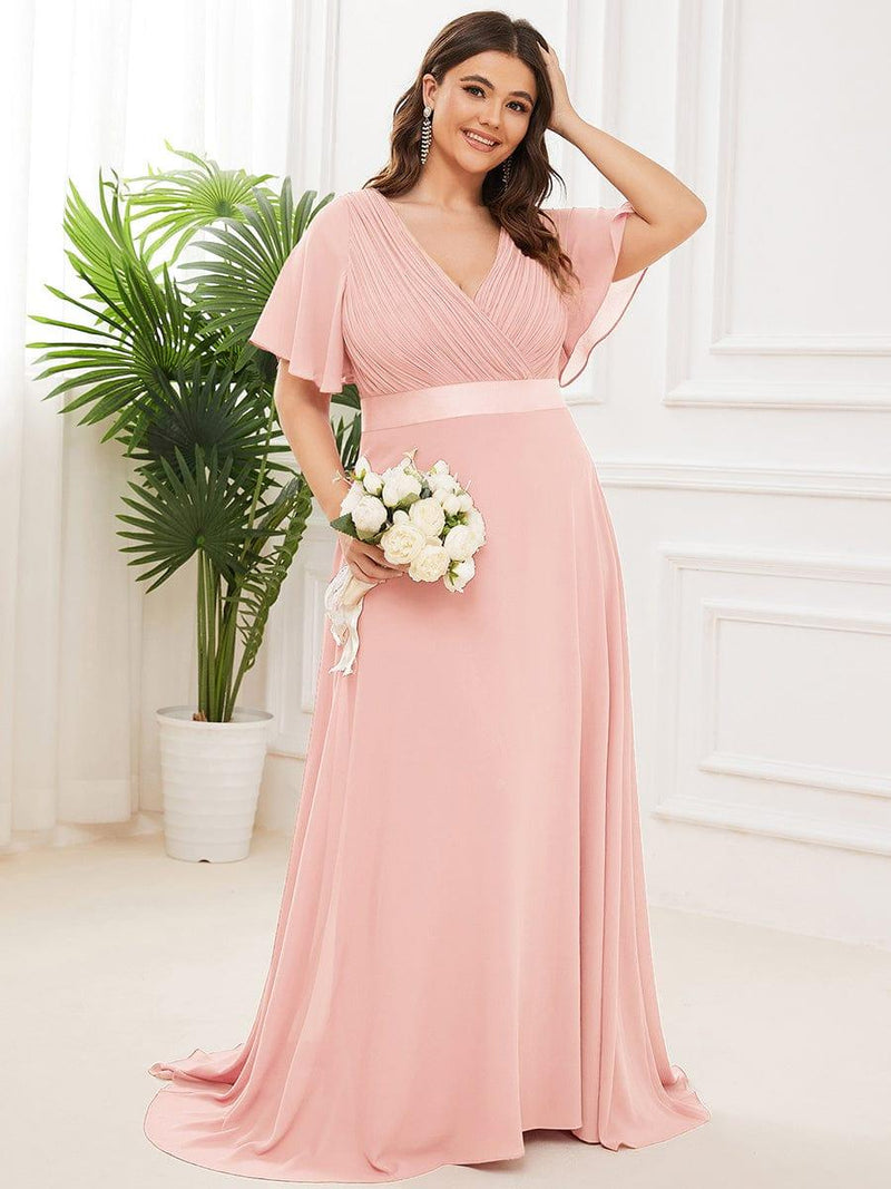 pretty SERENNE|Plus Size Empire Waist V Back Bridesmaid Dress with Short Sleeves