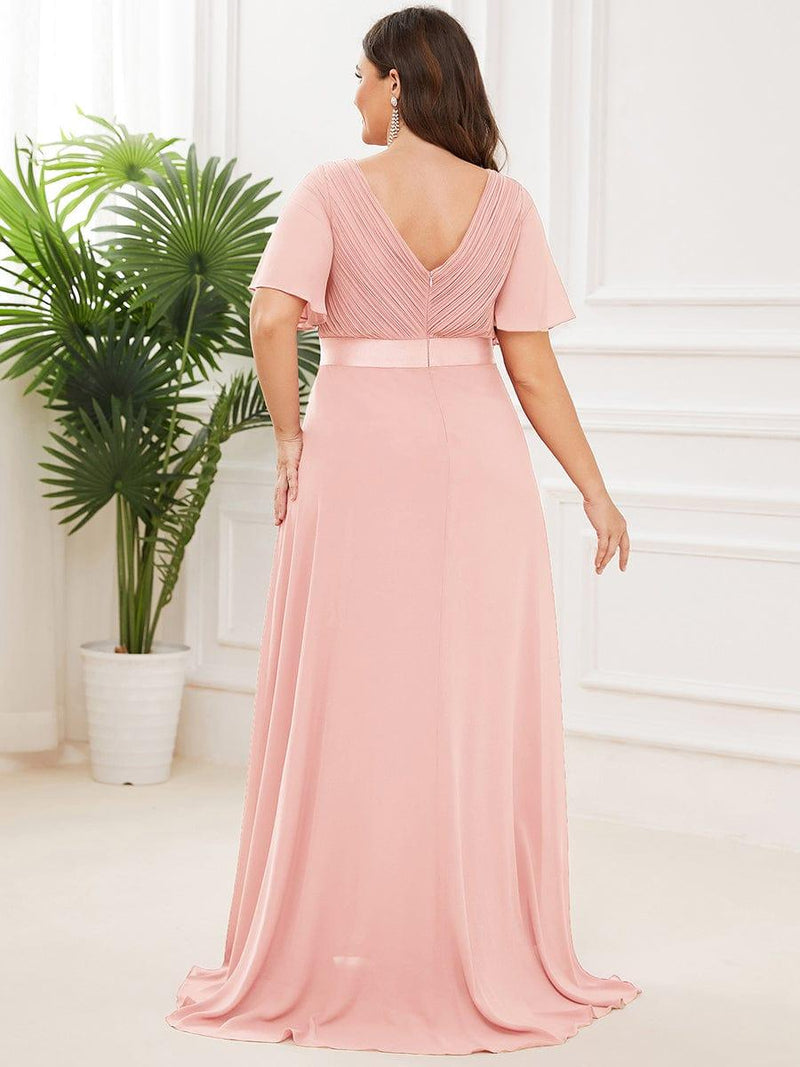 pretty SERENNE|Plus Size Empire Waist V Back Bridesmaid Dress with Short Sleeves
