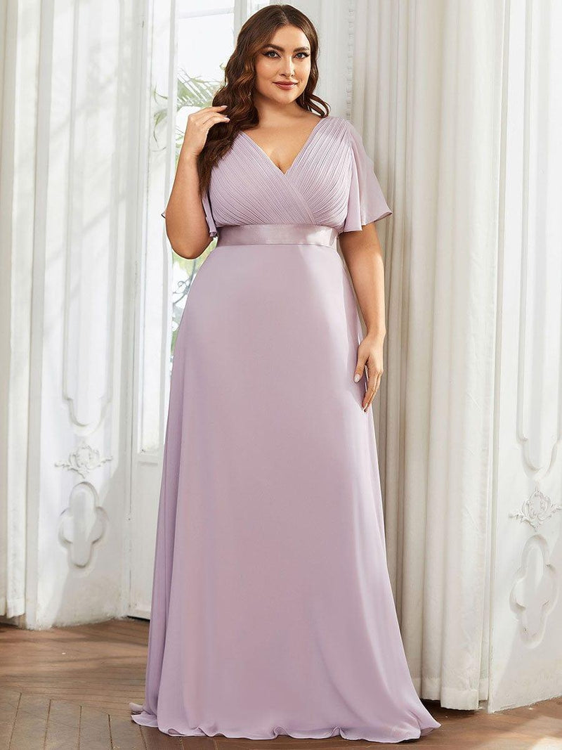 pretty SERENNE|Plus Size Empire Waist V Back Bridesmaid Dress with Short Sleeves