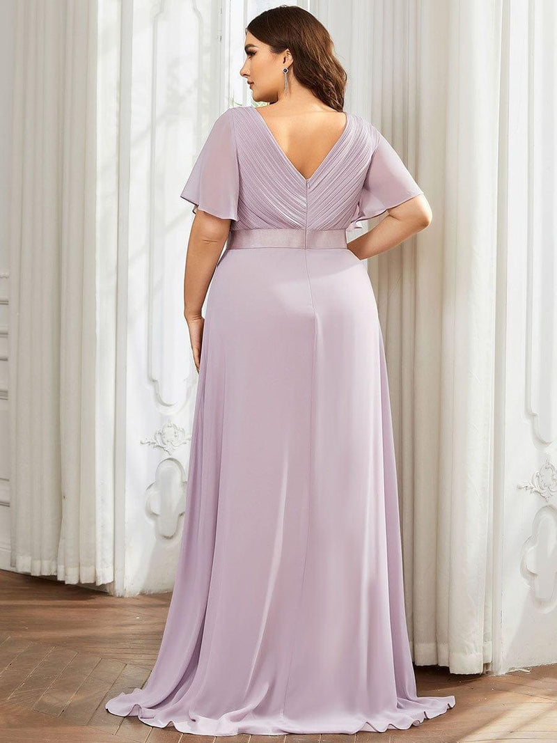 pretty SERENNE|Plus Size Empire Waist V Back Bridesmaid Dress with Short Sleeves