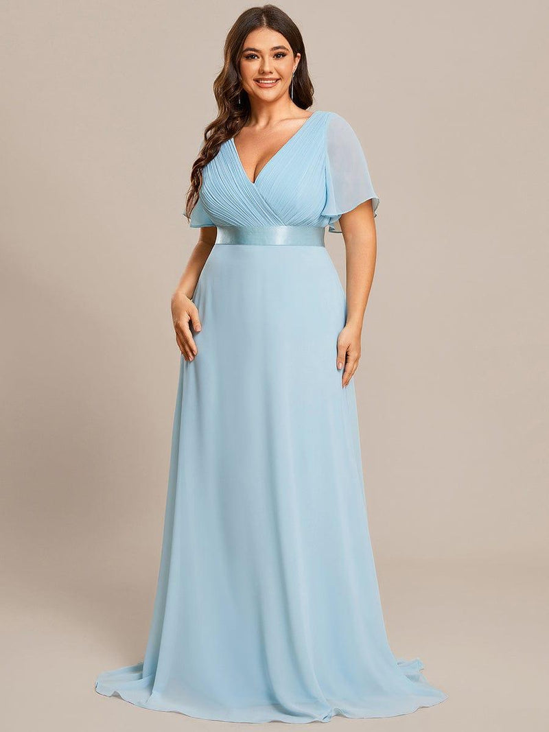 pretty SERENNE|Plus Size Empire Waist V Back Bridesmaid Dress with Short Sleeves