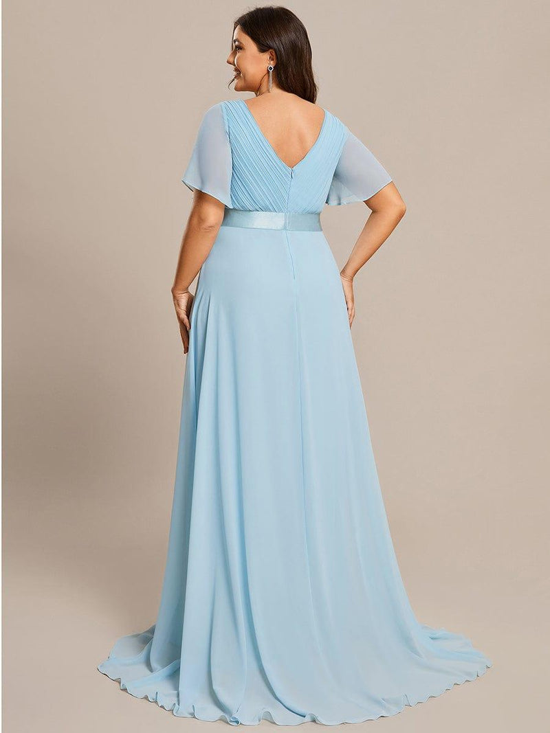 pretty SERENNE|Plus Size Empire Waist V Back Bridesmaid Dress with Short Sleeves