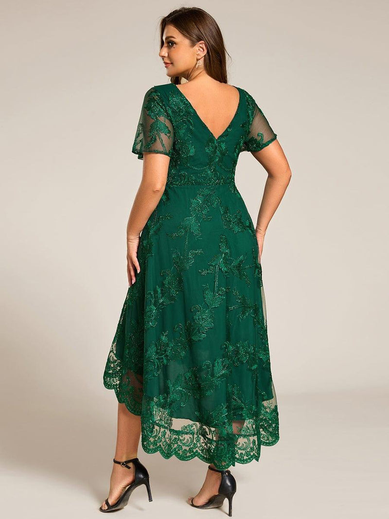 pretty TIDAL|Plus Size Short Sleeves Embroidered Mesh A-Line V-Neck Midi Wedding Guest Dress