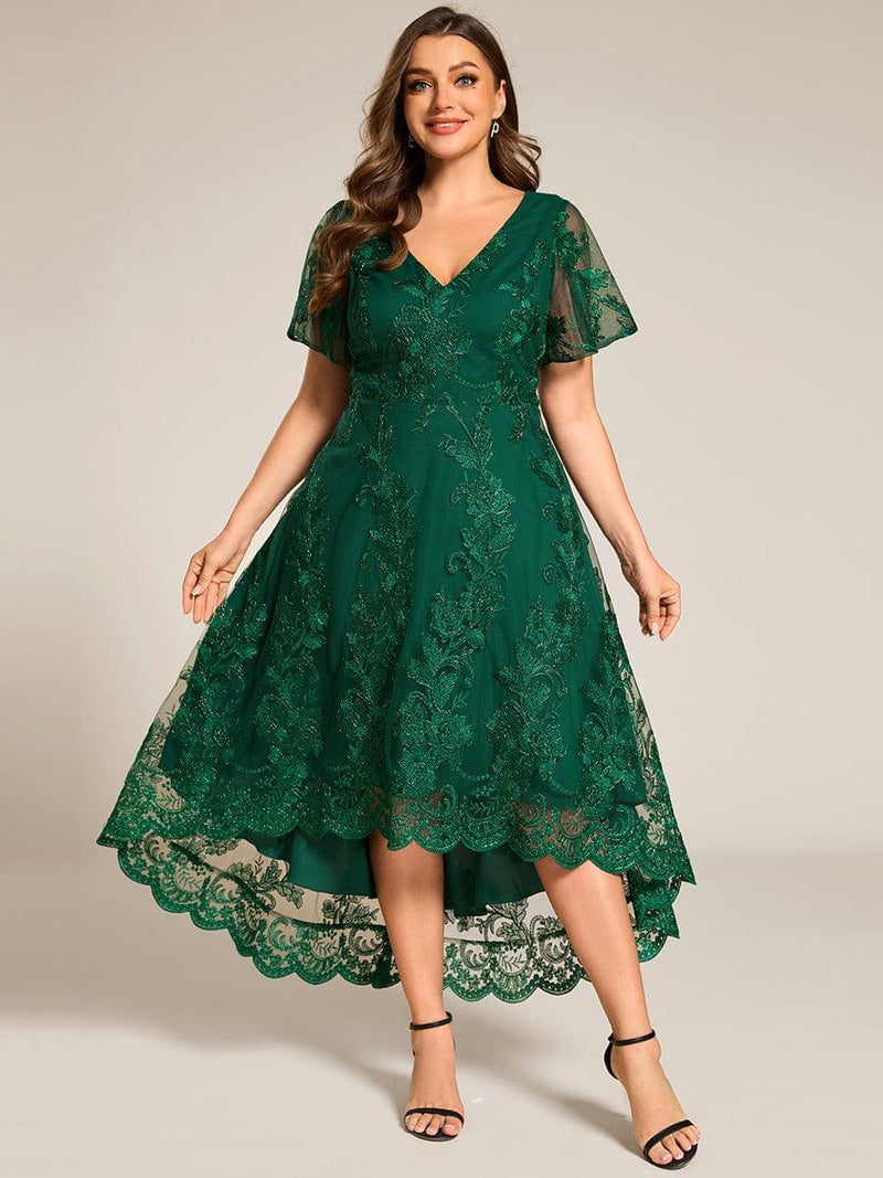 pretty TIDAL|Plus Size Short Sleeves Embroidered Mesh A-Line V-Neck Midi Wedding Guest Dress