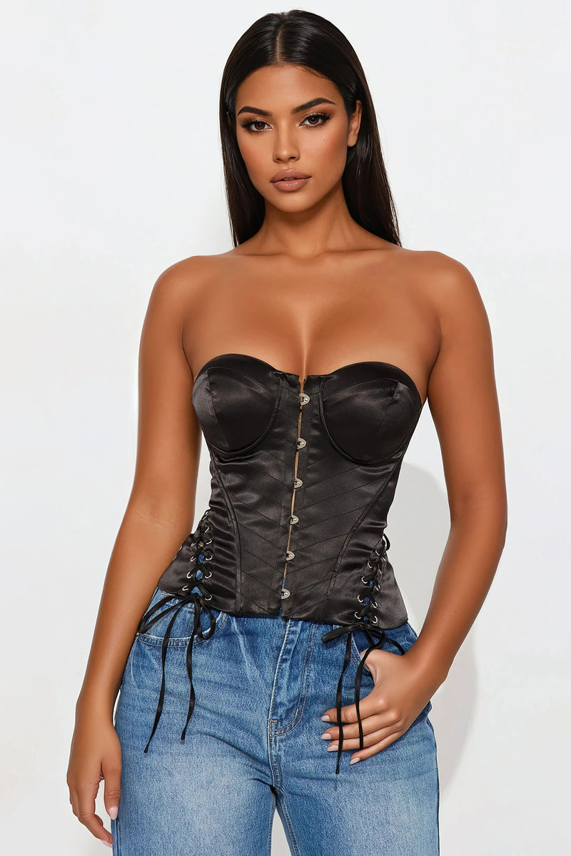 You Don't Know Me Satin Corset Top - Black