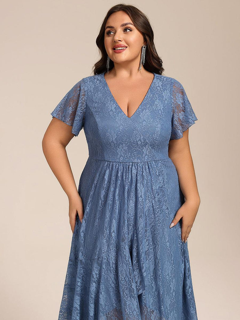 pretty PALOMA|Plus Size Short Sleeves V-Neck A-Line Lace Midi Wedding Guest Dress