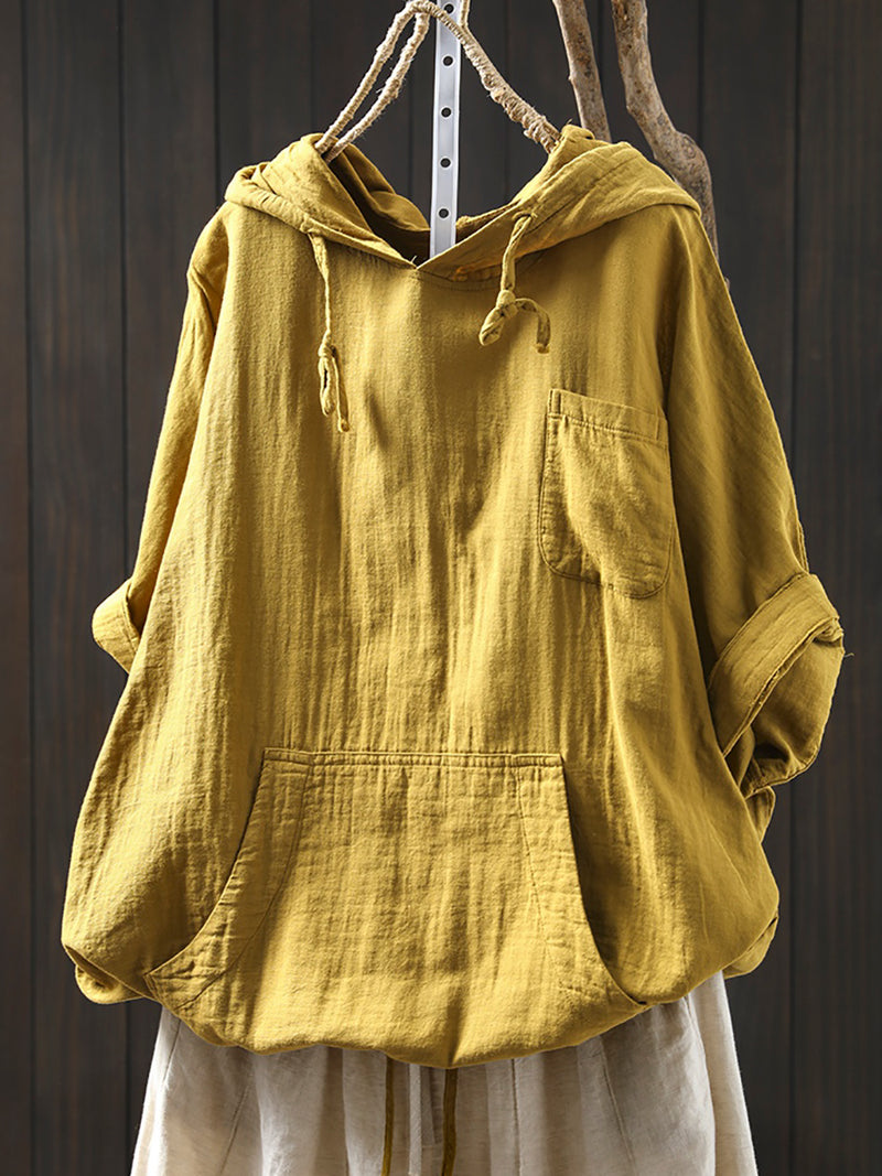 Plus Size Women Spring 100%Cotton Pure Color Hooded Shirt