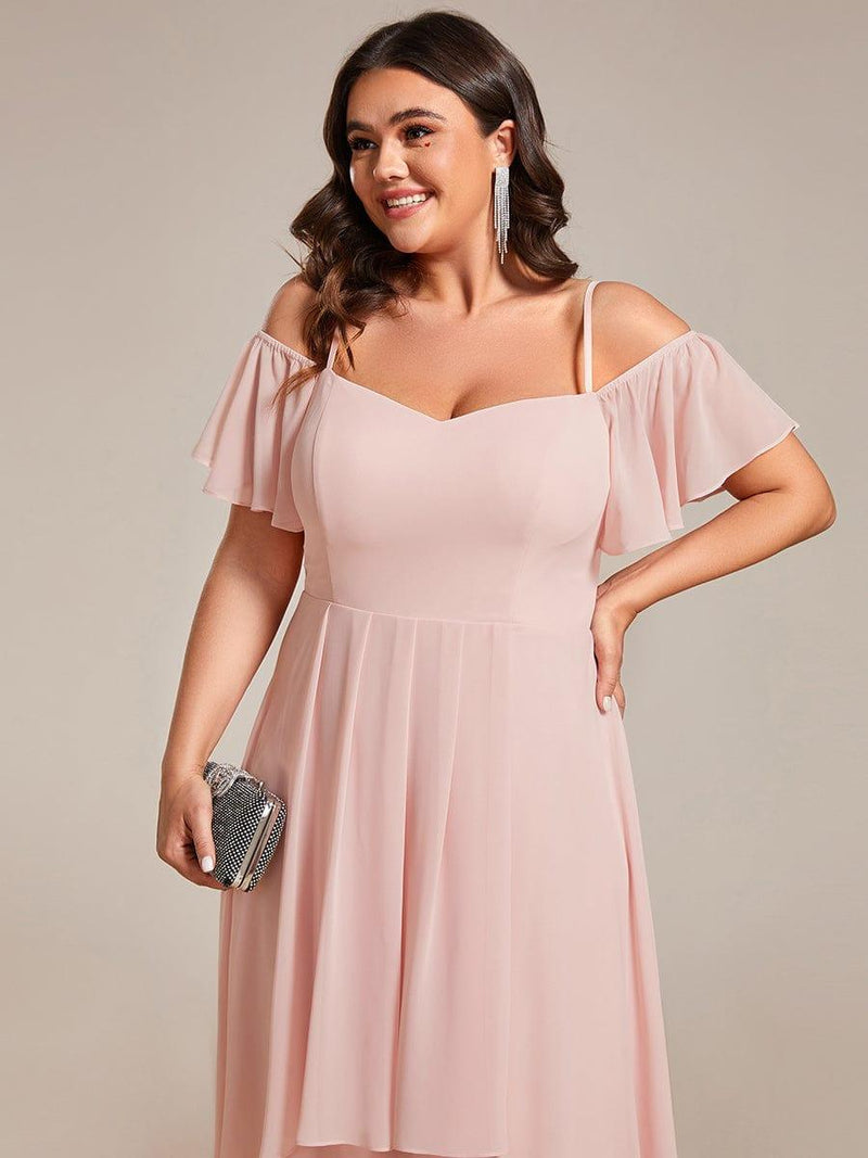 pretty JORDANE|Plus Size Off-Shoulder High-Low Chiffon Wedding Guest Dresses with Short Sleeves