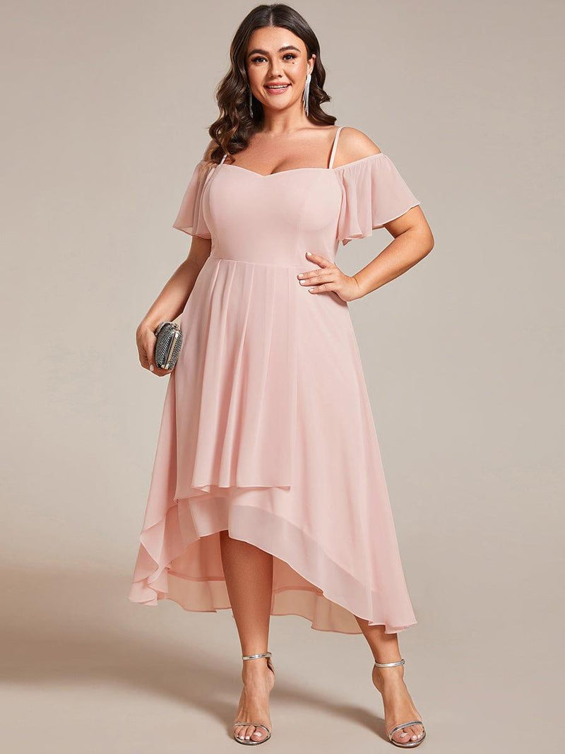 pretty JORDANE|Plus Size Off-Shoulder High-Low Chiffon Wedding Guest Dresses with Short Sleeves