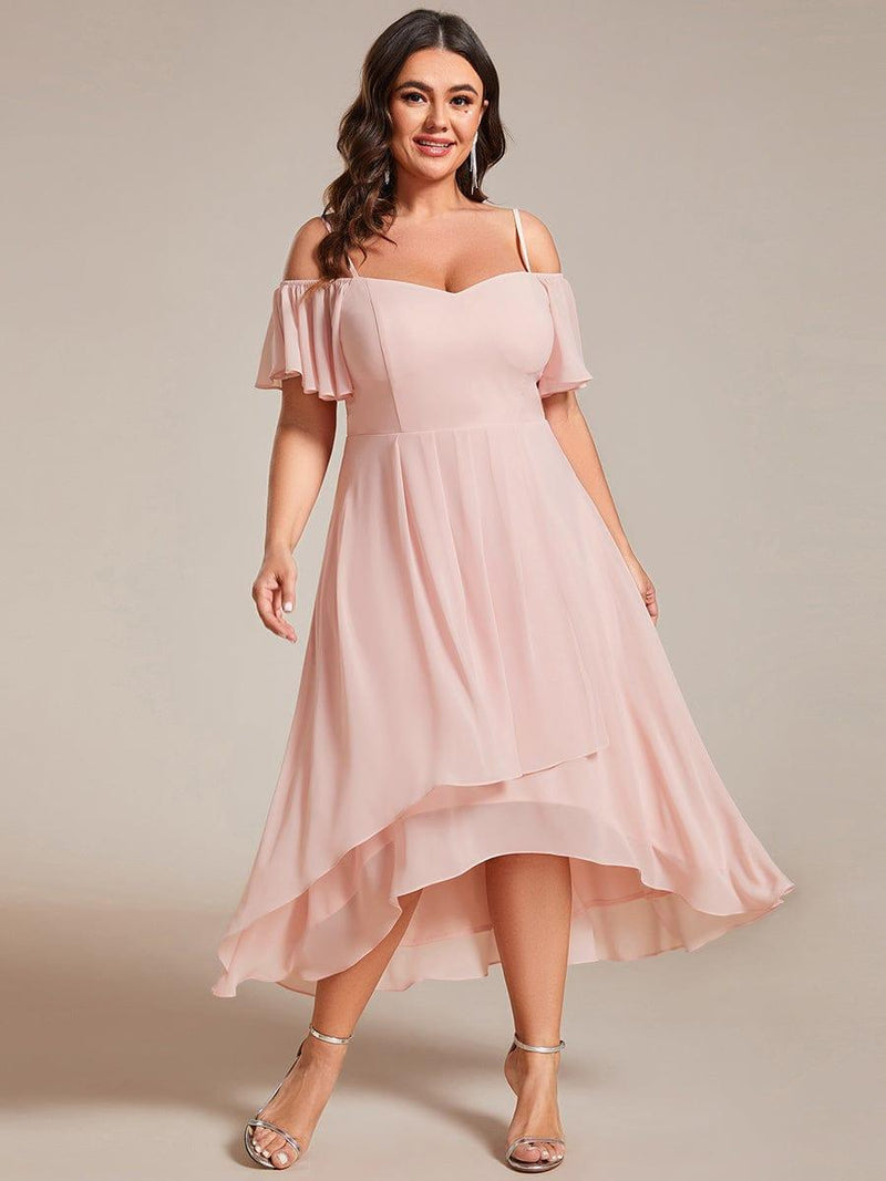 pretty JORDANE|Plus Size Off-Shoulder High-Low Chiffon Wedding Guest Dresses with Short Sleeves