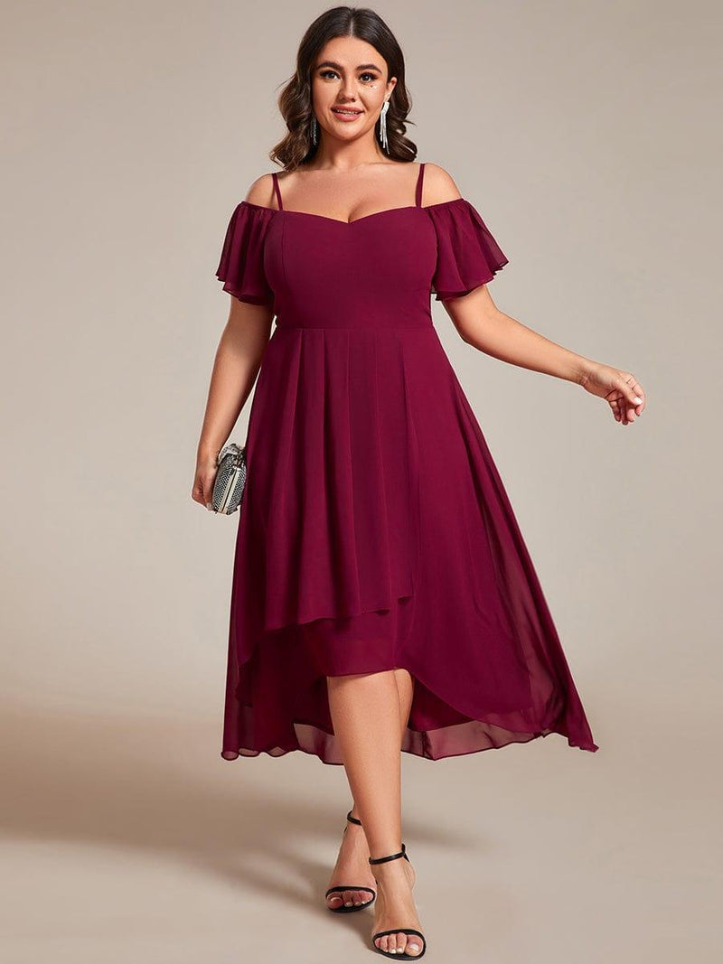 pretty JORDANE|Plus Size Off-Shoulder High-Low Chiffon Wedding Guest Dresses with Short Sleeves