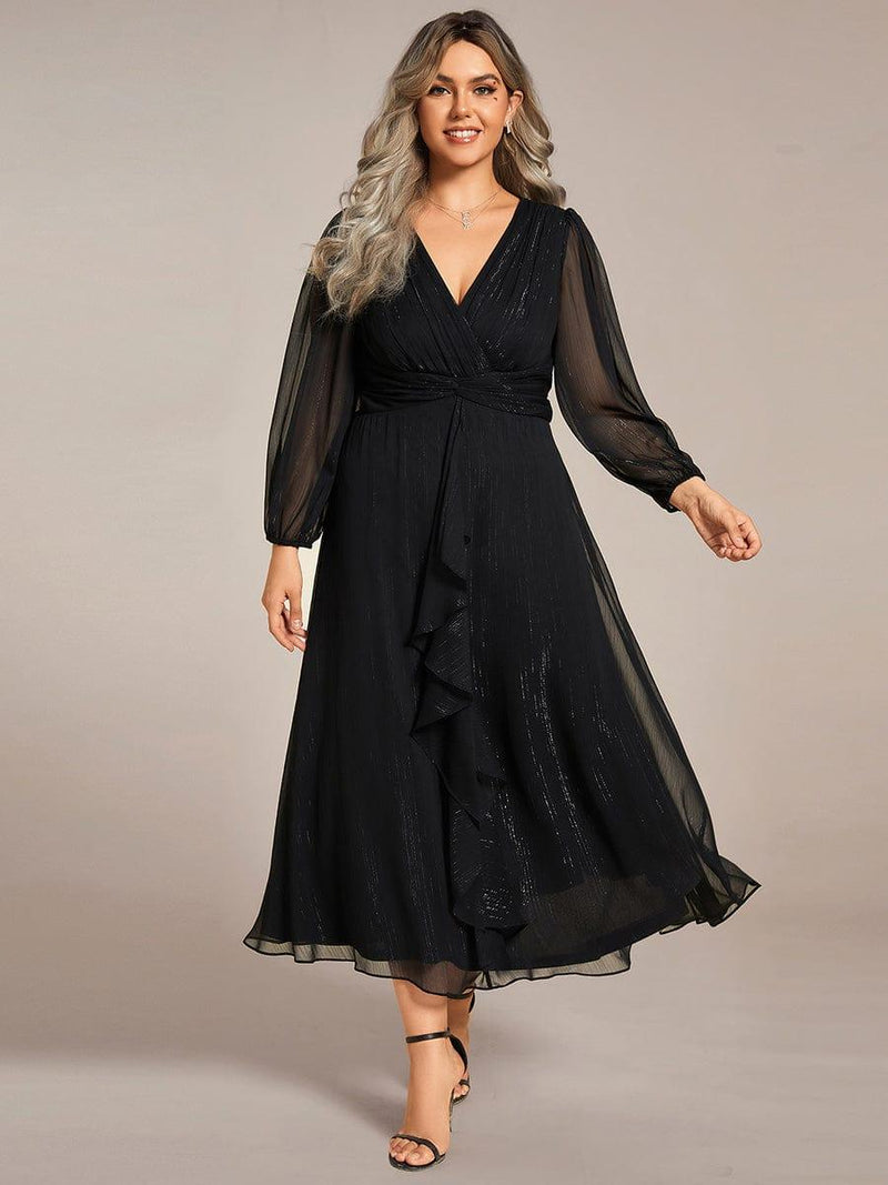 pretty EMBER|Plus Size Long Sleeve V-Neck Chiffon Twist Knot A-Line Evening Dress