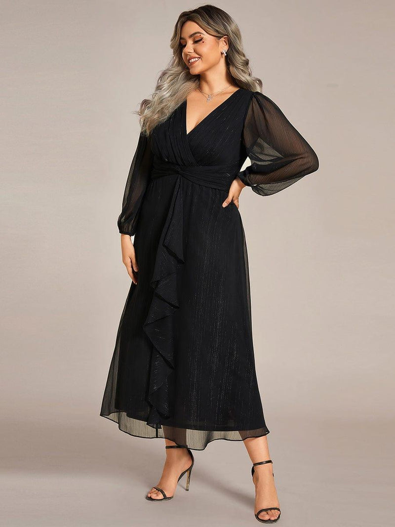 pretty EMBER|Plus Size Long Sleeve V-Neck Chiffon Twist Knot A-Line Evening Dress