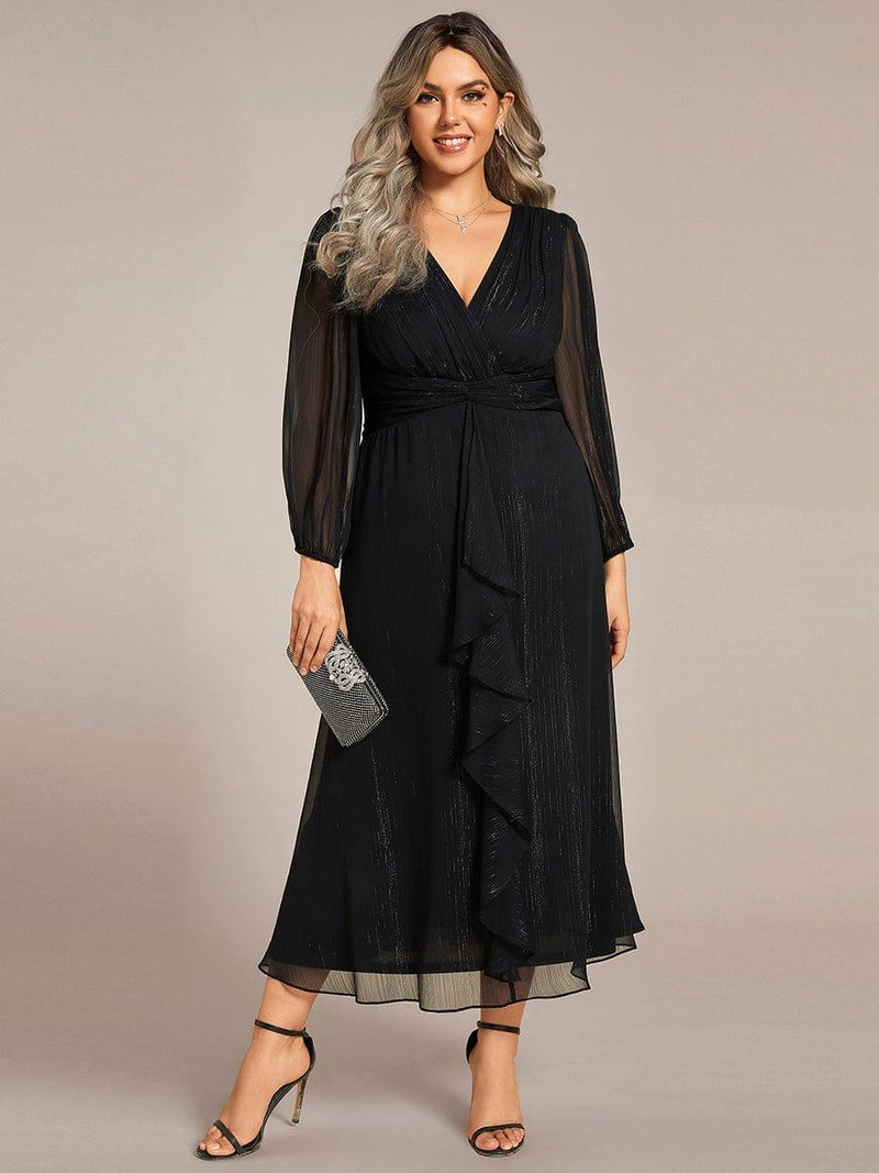 pretty EMBER|Plus Size Long Sleeve V-Neck Chiffon Twist Knot A-Line Evening Dress