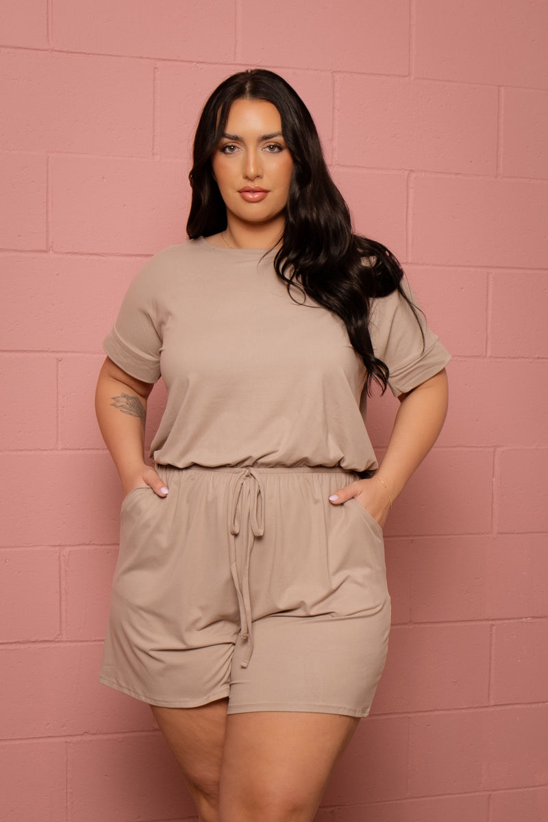 Plus Size Badey Short cuffed sleeve Romper- Mocha