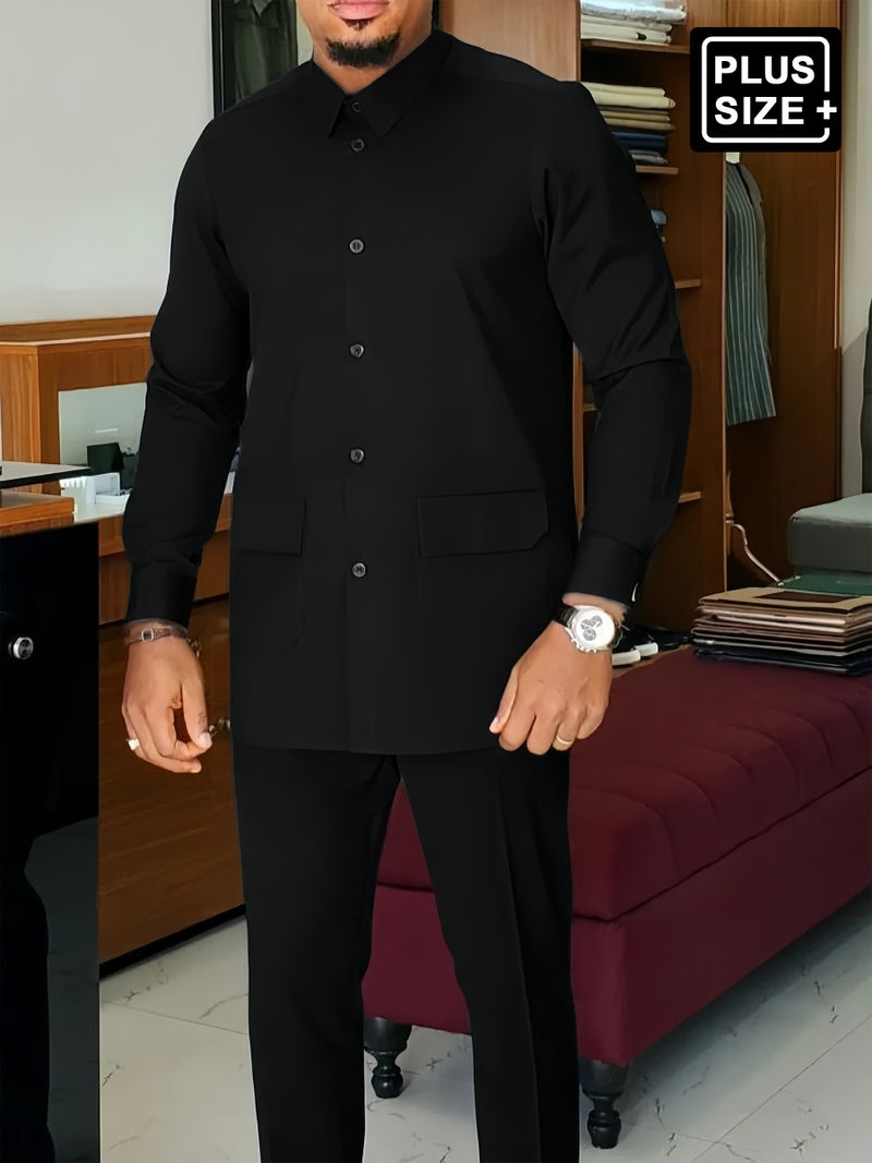 Plus Size Solid Long Sleeve Button Down Men's Set