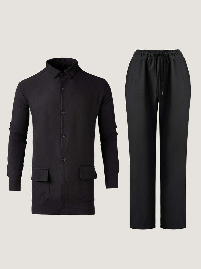 Plus Size Solid Long Sleeve Button Down Men's Set