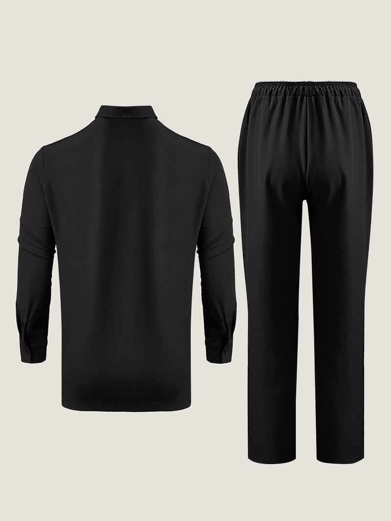 Plus Size Solid Long Sleeve Button Down Men's Set