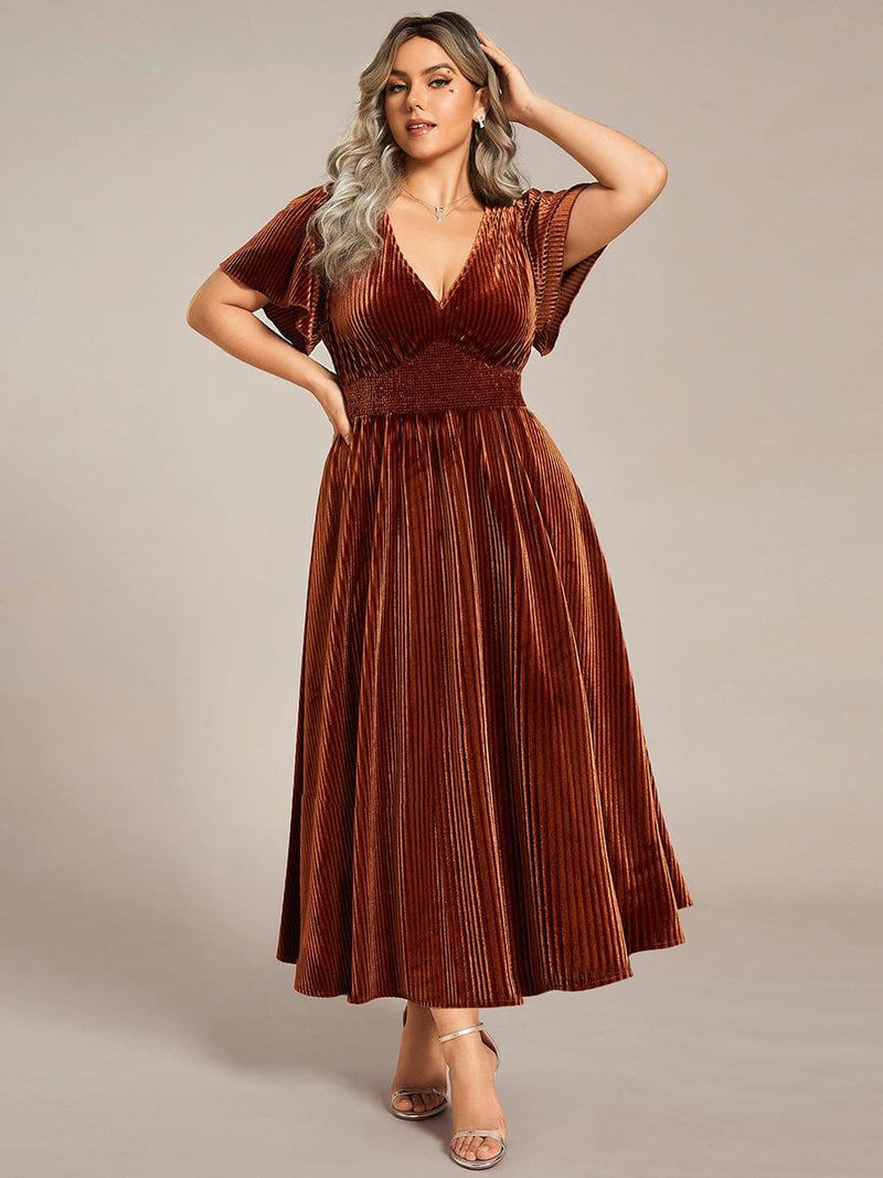 pretty AZALEA|Plus Size A-line V-Neck Short Sleeve Velvet Wedding Guest Dress