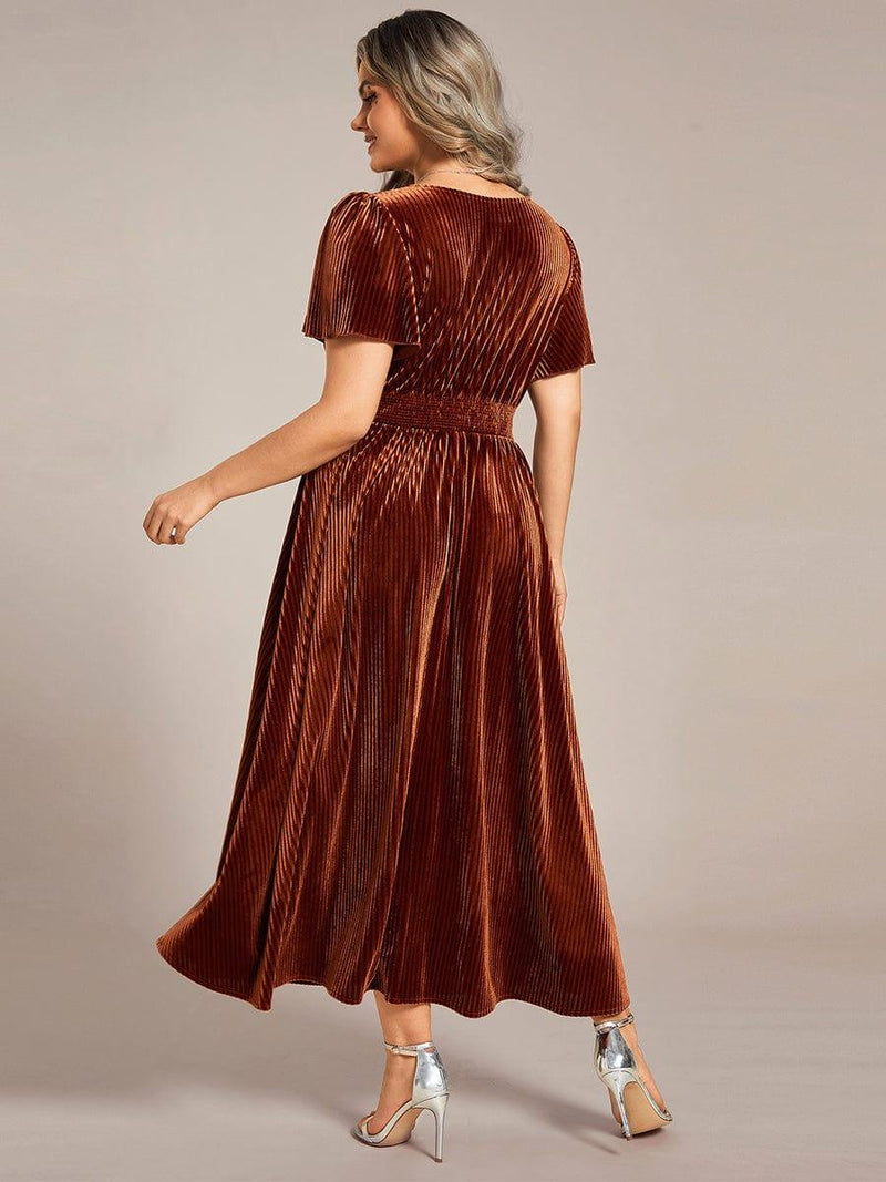 pretty AZALEA|Plus Size A-line V-Neck Short Sleeve Velvet Wedding Guest Dress