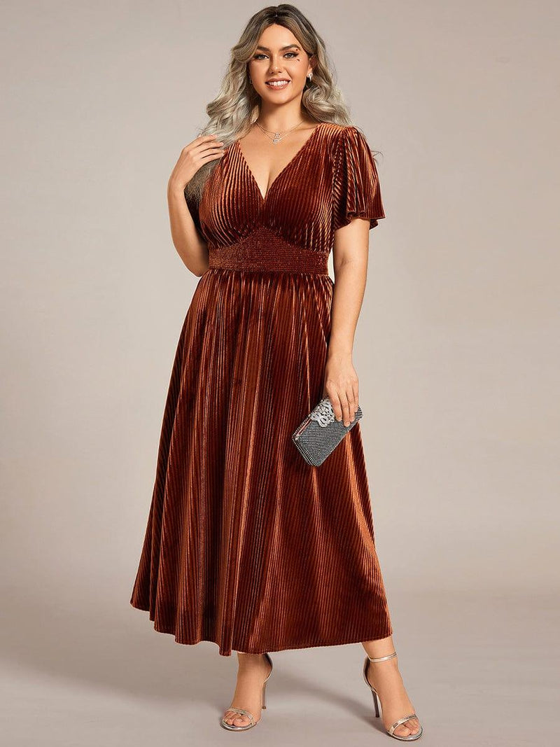 pretty AZALEA|Plus Size A-line V-Neck Short Sleeve Velvet Wedding Guest Dress